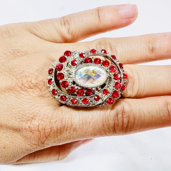 Extra Large Red Ruby Swirl Ring Crystal Diamond Stretchable Faux Jewelry 3.8cm - Picture 1 of 8